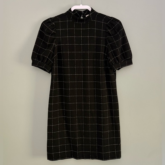 LOFT Windowpane Mock Neck Puff Sleeve Dress Black 0P - Picture 2 of 11